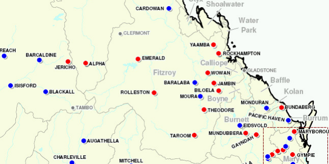 Location map - 2010 Taroom Flood (Red dots - flood inundated towns. Blue dots - flood affected towns)